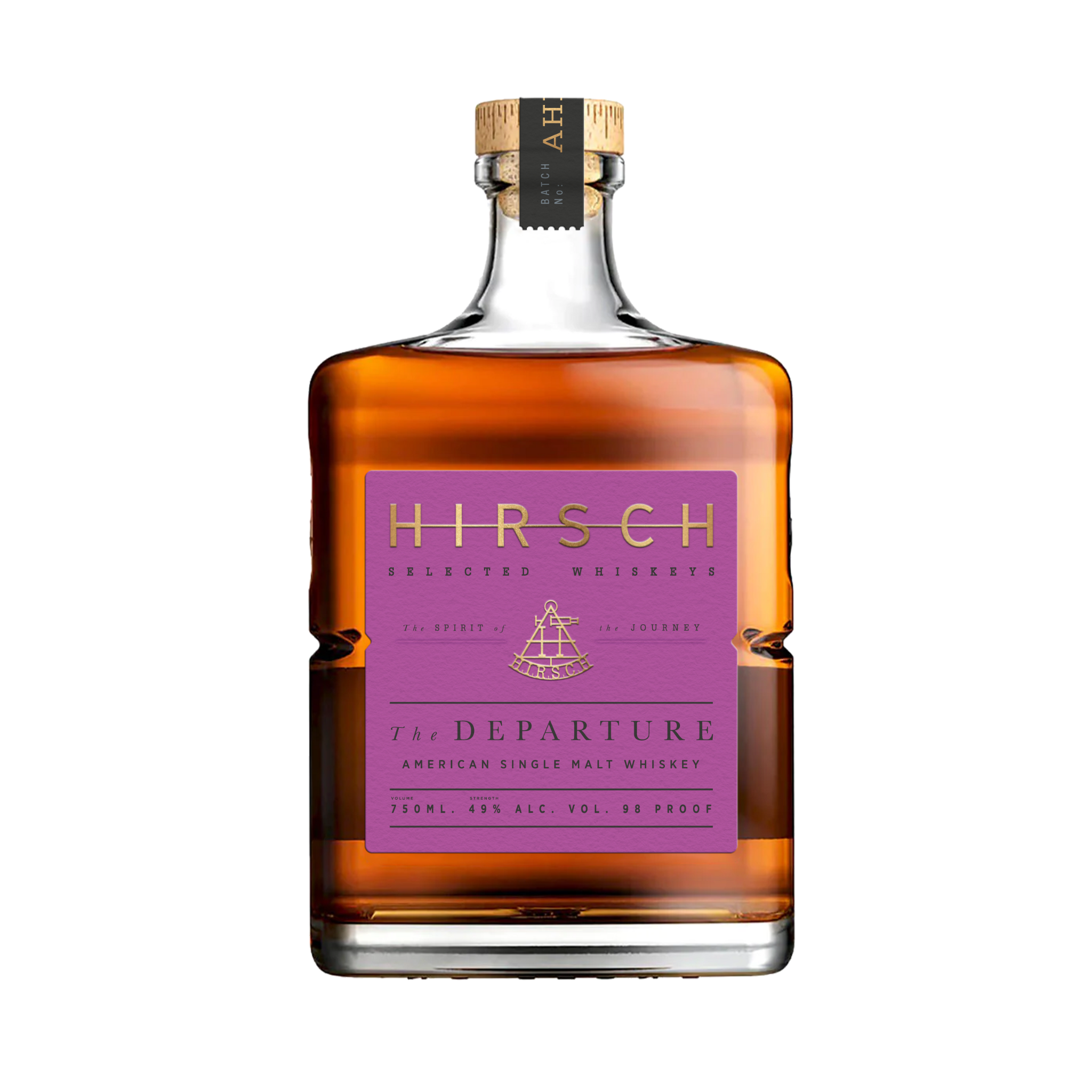A bottle of Hirsch The Departure American Single Malt Whiskey with a purple label.