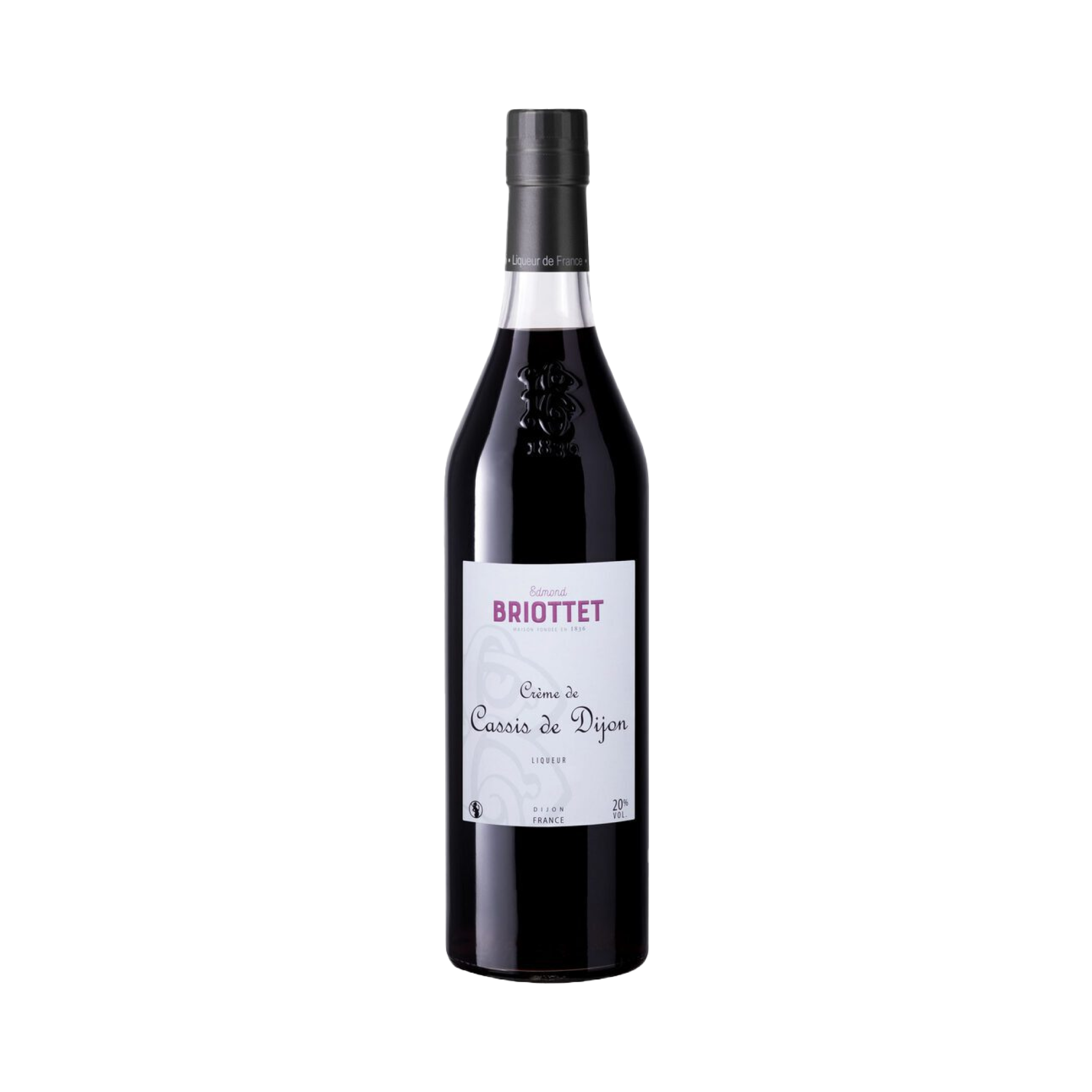 A bottle of Briottet Crème de Cassis de Dijon, Black Currant Liqueur, with a label displaying the brand and product name.